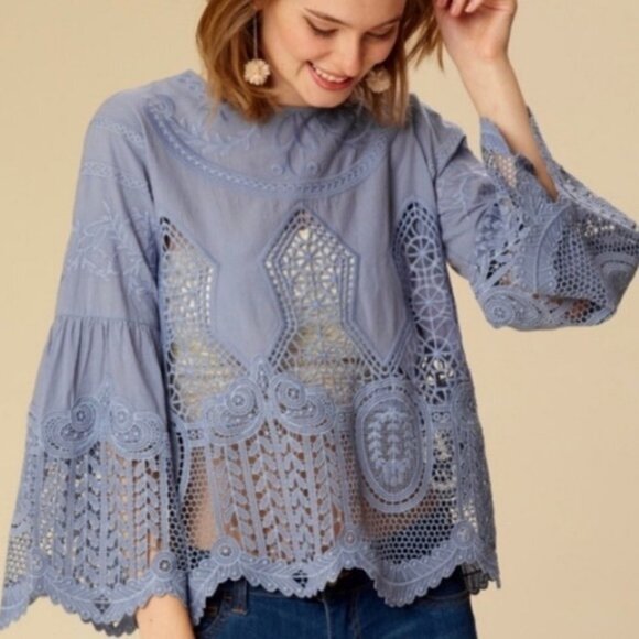 Altar'd State Tops - Altar'd State Higley Bell Sleeve Lace Top Blue